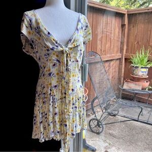 Free People Lg Ivory Floral It Takes Two Dress Flutter Sleeve Yellow Purple Blue